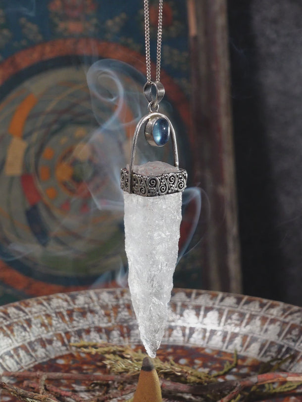 Kailash-Blessed Spiritual Energy Pendant - Clear Quartz Aquamarine Silver