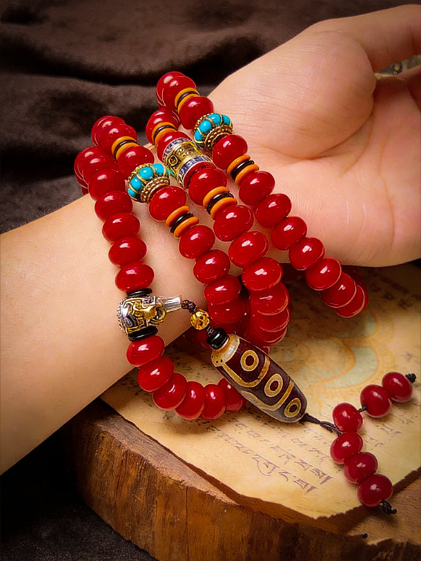 Shamanic Red Bodhi 108 Beads: 9-Eye Nature Guardian