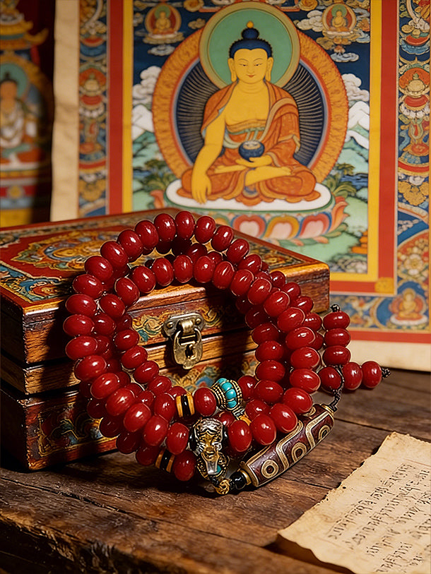 Shamanic Red Bodhi 108 Beads: 9-Eye Nature Guardian