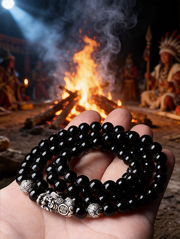 Shaman Silver Coin Obsidian Bracelet: Water Energy Guardian