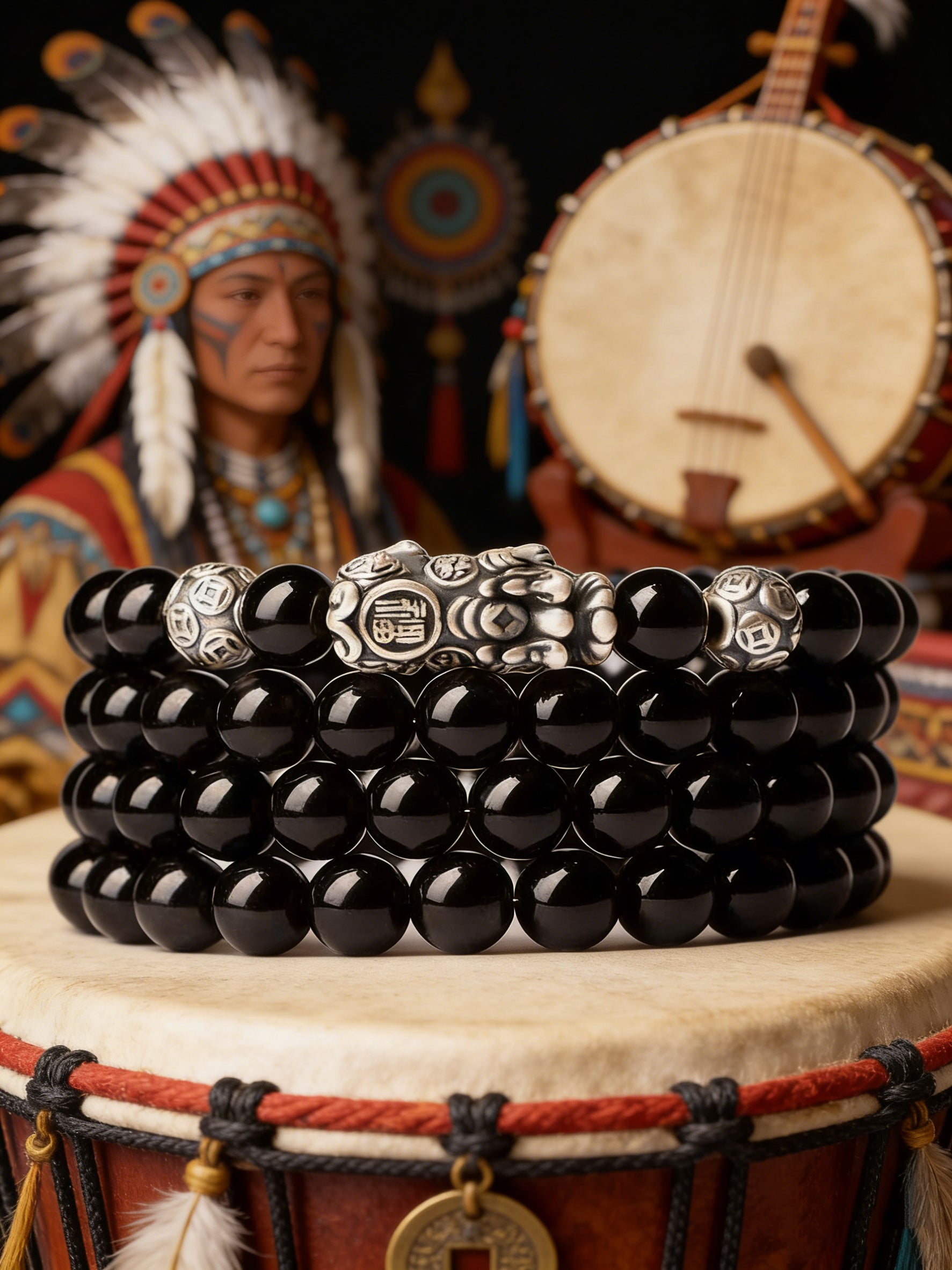 Shaman Silver Coin Obsidian Bracelet: Water Energy Guardian
