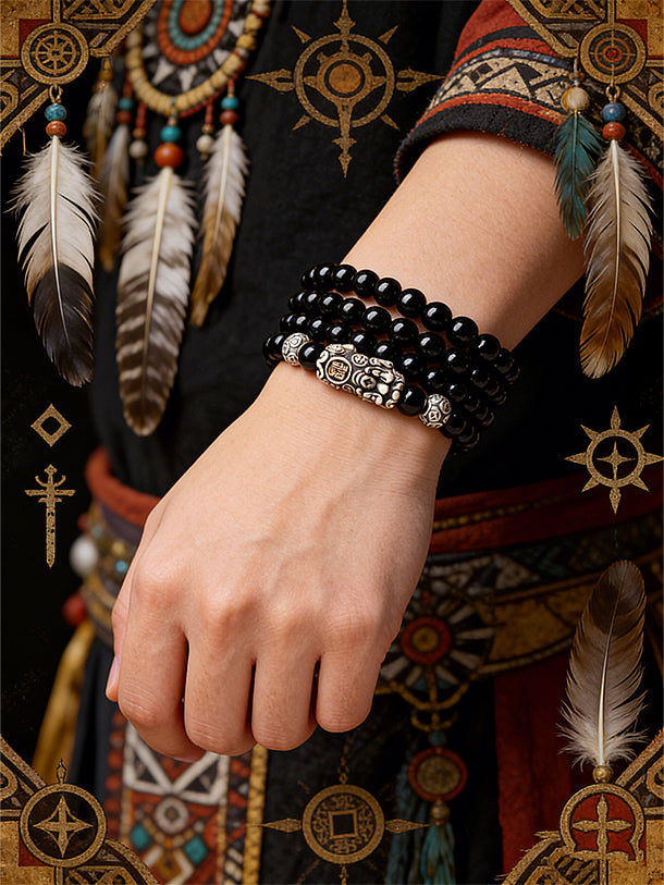 Shaman Silver Coin Obsidian Bracelet: Water Energy Guardian
